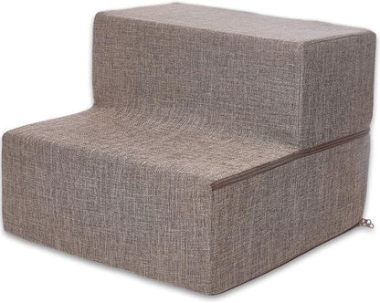 Best Pet Supplies Non-Slip Foam Dog Stair & Pet Ramp, Balanced Indoor Step Support - Foldable Stair, Brown Linen, 2-Step