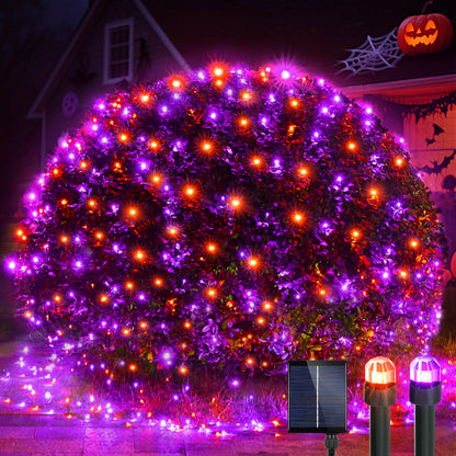 WBao Solar Halloween Lights Outdoor 200LED F8 Big Bulbs, 8.4ft x 5.2ft Orange Purple Net Lights with Remote, 8 Modes, Timer, Connectable, Waterproof & Dark Green Wire for Lawn, Bushes Halloween Decor