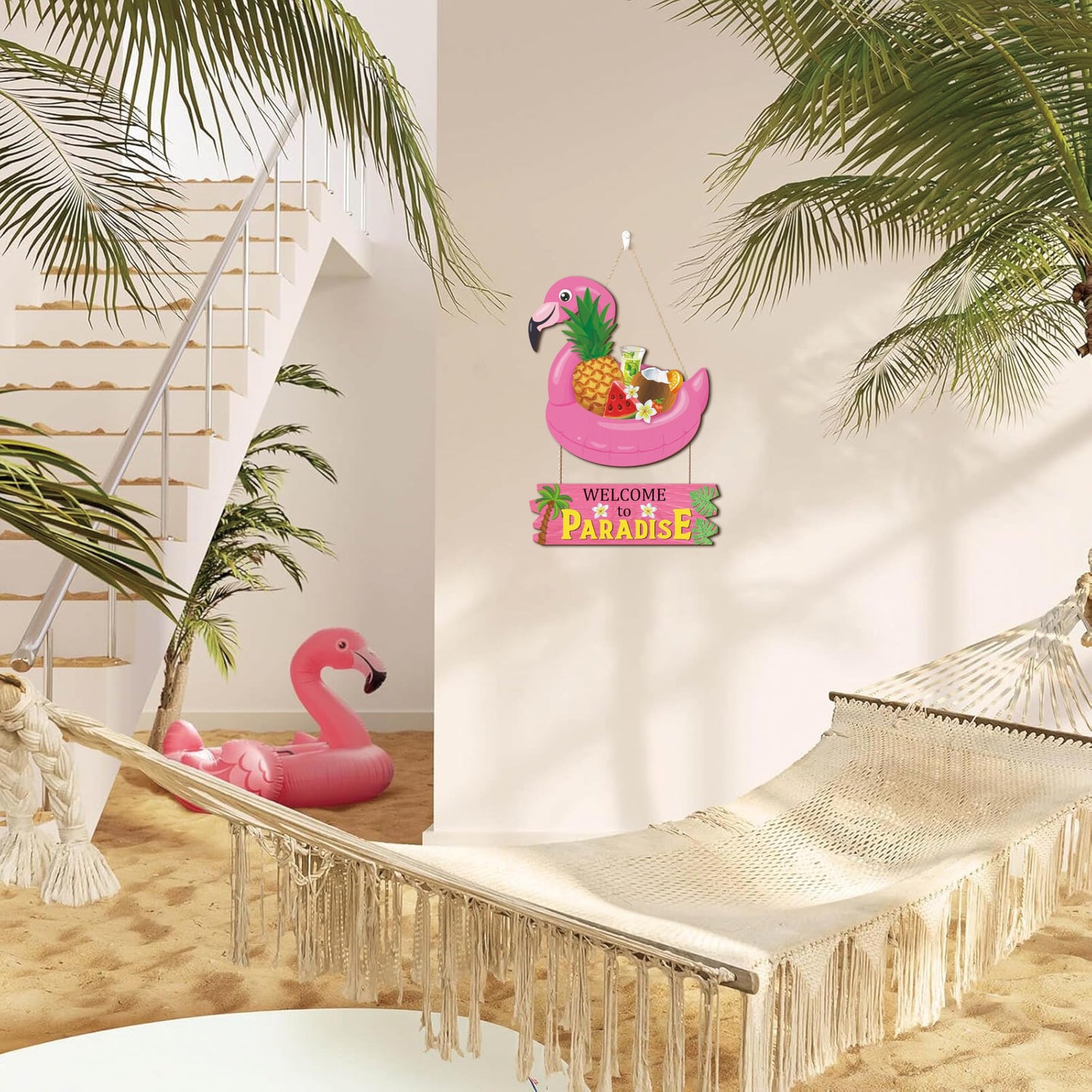 HOURIA Welcome to Paradise Door Sign(16”*11.4”), Pink Flamingo Hawaiian Summer Beach Wall Hanging Sign, Summer Coastal Tropical Fruit Coconut Tree Door Decor for Front Door Porch Pool Yard Beach Bar
