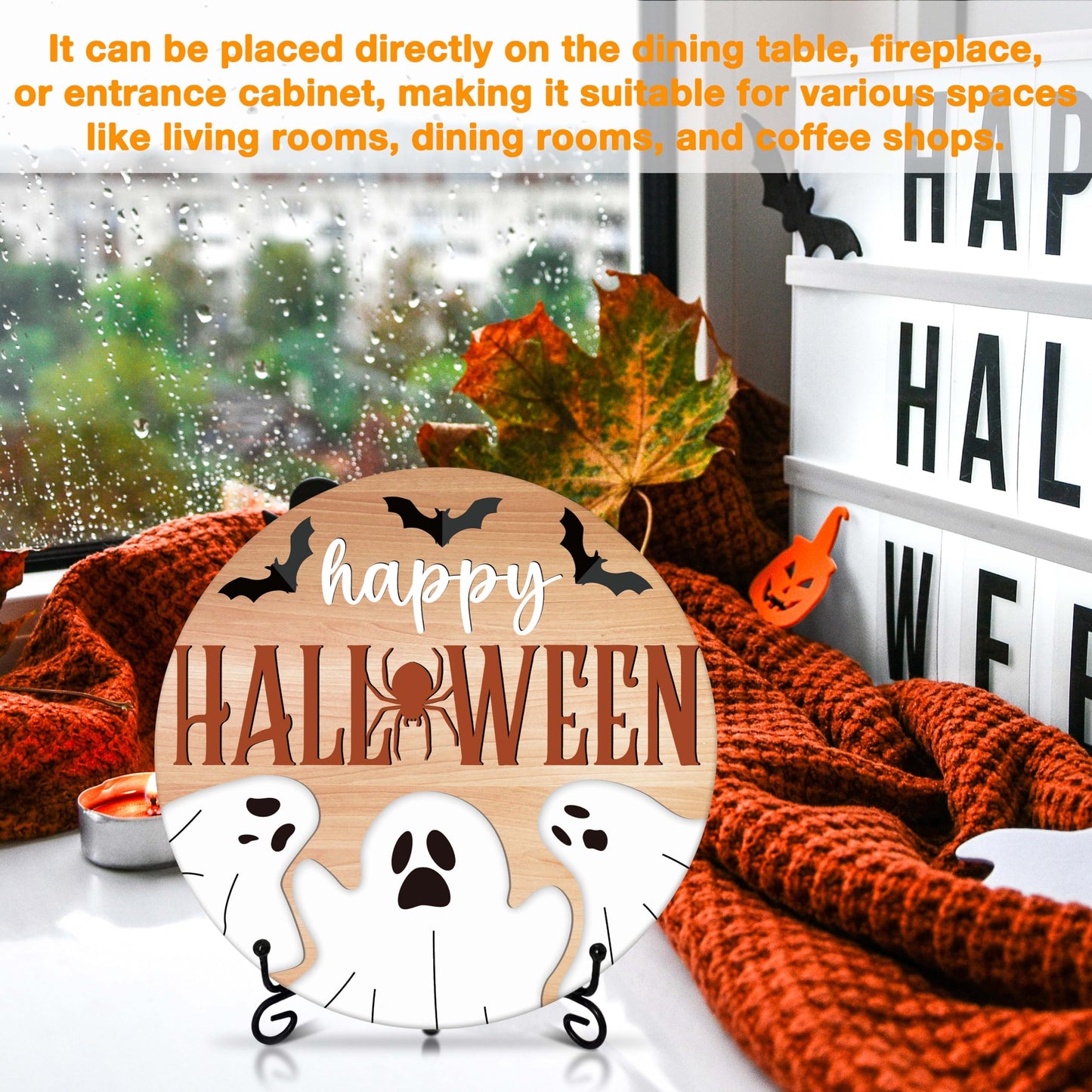 Seclate Halloween Desk Decorations for Home, Spider Wooden Table Centerpieces for Office Living Room Shelf Decor, Bat Ghost Gifts for Women Friends - E09
