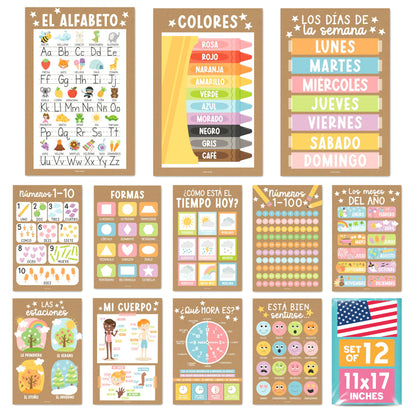 Hadley Designs Spanish Posters for Classroom - 12 Bilingual Educational Posters for Spanish Classroom Decorations Must Haves, Calendario y Alfabeto en Español Para la Pared, Kraft Teacher Supplies