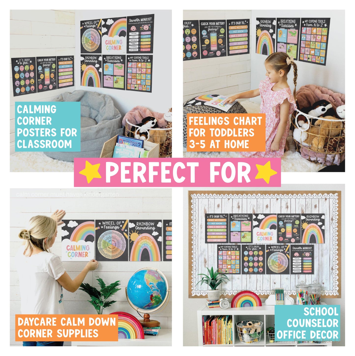 Hadley Designs 9 Calming Corner Posters for Classroom Must Haves - Calm Down Corner Supplies with Emotions Chart, School Counselor Mental Health Poster, Feelings Chart For Kids, Pastel Classroom Decor