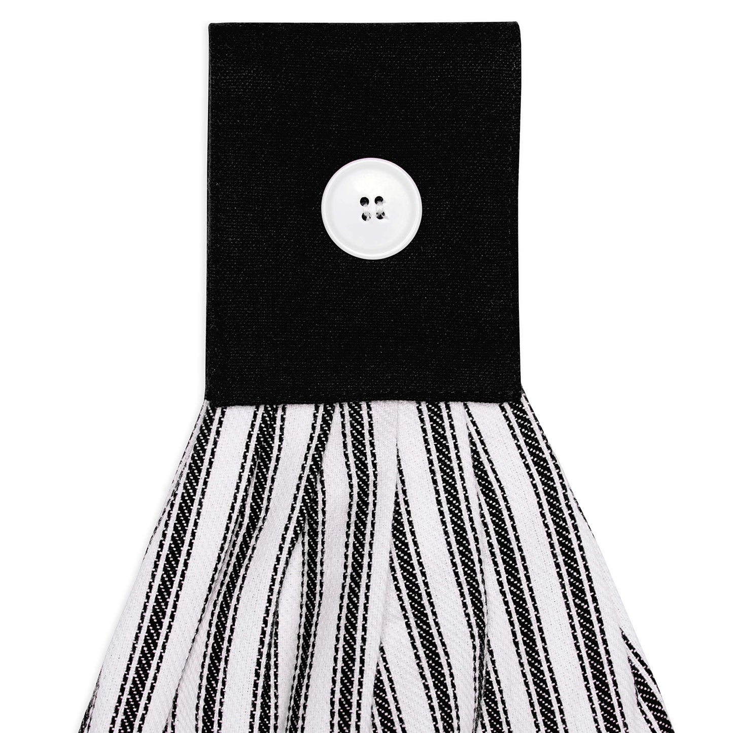 Cackleberry Home Black and White Ticking Stripe Hanging Kitchen Dish Hand Towel Cotton with Button Accent, Set of 2