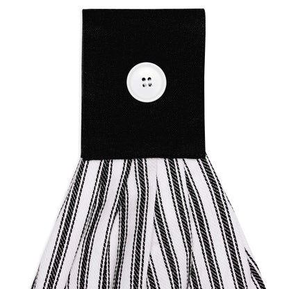 Cackleberry Home Black and White Ticking Stripe Hanging Kitchen Dish Hand Towel Cotton with Button Accent, Set of 2