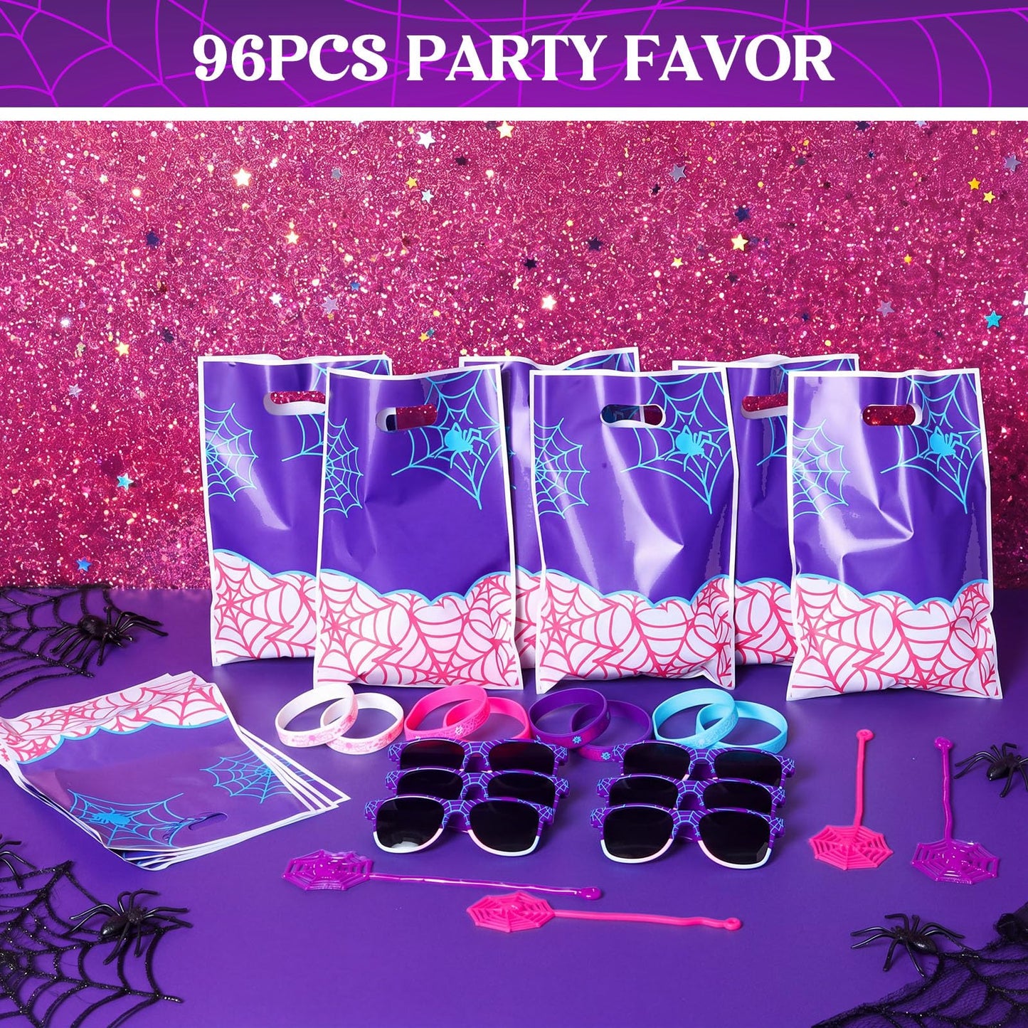 Soulchen 48 Pieces Spiderweb Birthday Party Decoration Set Spiderweb Gift Bags Spider Silicone Bracelet Sunglasses Cobweb Sticky Hands Toys for Birthday Party Supplies Favors (Night)