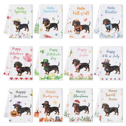 WATINC Seasonal Kitchen Hand Towels - 12pcs Dish Tea Towel Set for Home Kitchen Bathroom Holiday Decorative, Fun Wash Cloth Dishcloth for Summer Fall 4th of July Halloween Decor Gift (Dog Style)