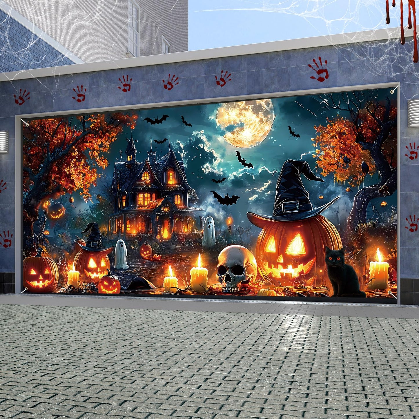 Remagr 7 x 16 ft Halloween Garage Door Banner Large Halloween Hanging Backdrop Door Cover Gloomy Skull Garage Wall Decoration Backdrop Mural for Party Wall Window Yard Outdoor Holiday