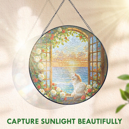 FLAGWIX Cat Gifts for Women - Stained Glass Window Hanging 8 in - Beach Gifts for Women Mom Grandma, Gift for Cat Lovers, Suncatcher Decor for Home, Best Coastal Decor