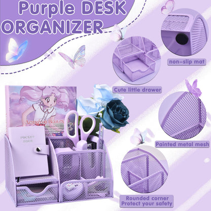 Purple Desk Accessories, 26Pcs Office Supplies and Desk Organizers, with Tape Dispenser, Stapler, Staple Remover Ect, Gift Box Packaging