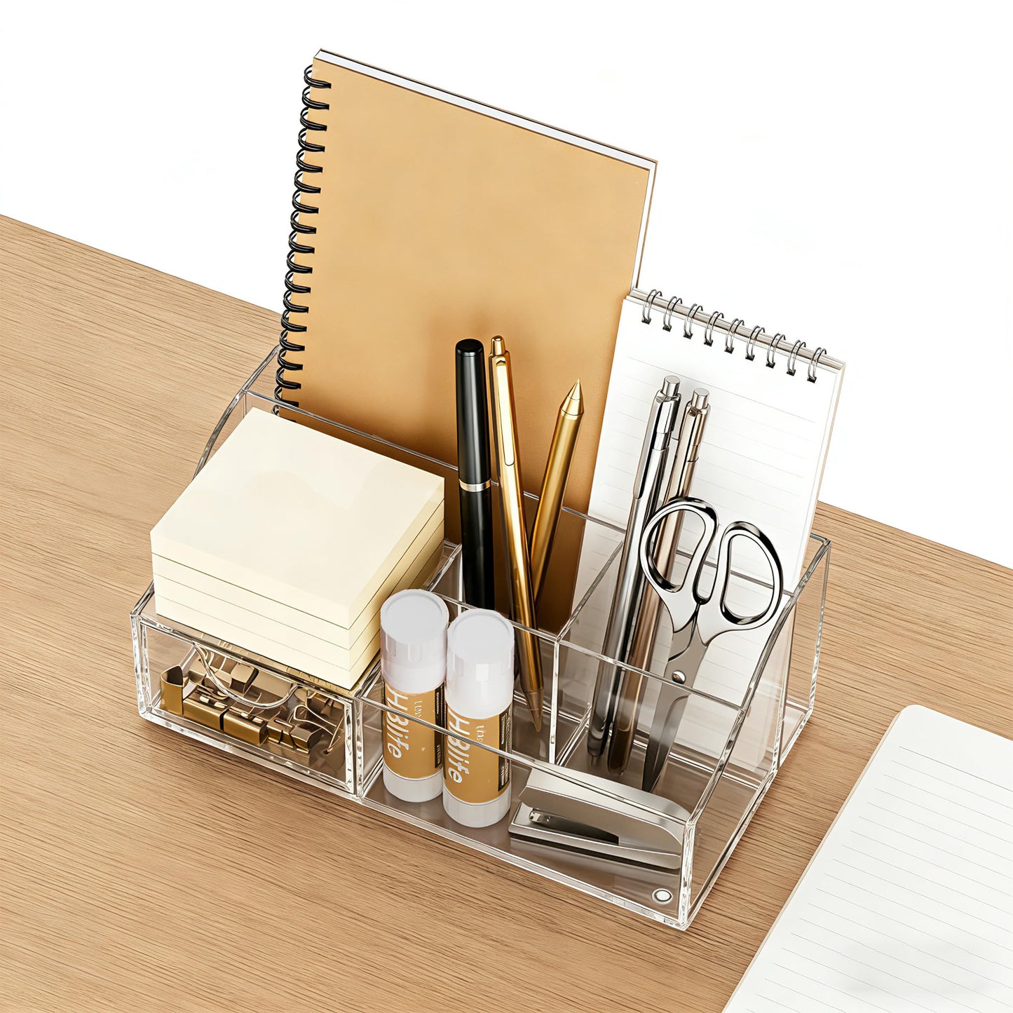 HBlife Acrylic Desk Organizer with Drawer, Pen & Pencil Holder, Multifunctional Desktop Caddy for Office Supply and Organization (Clear)
