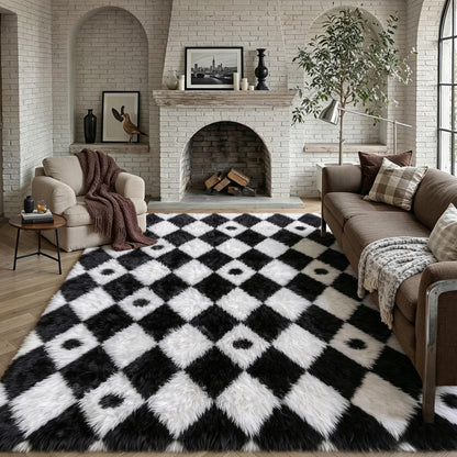 PureCozy Checkered Rug 6x9 Fluffy Shag Living Room Black and White Area Rug Modern Washable Carpet Soft Shaggy Non Slip Indoor Plush Fuzzy Rugs for Bedroom Dorm Office Home Aesthetic Decor