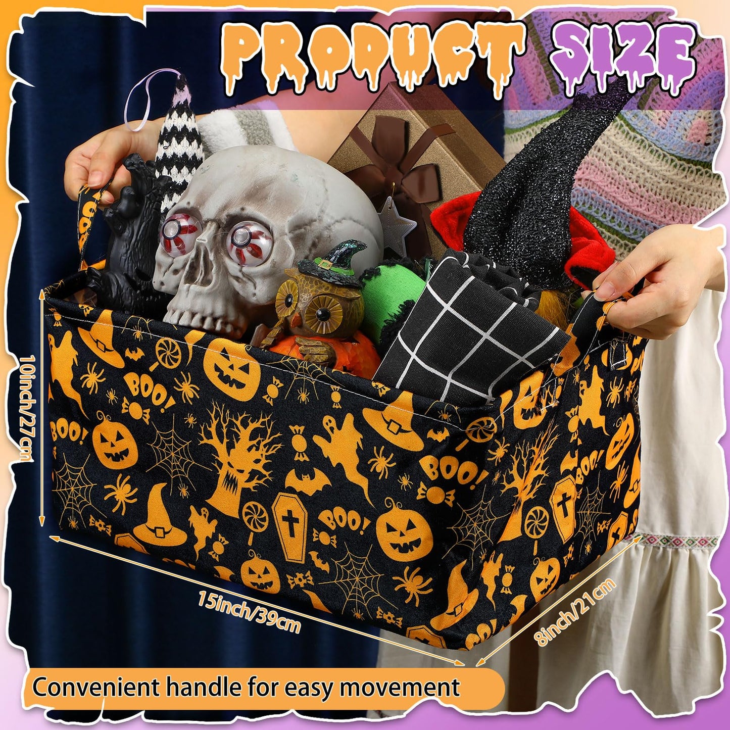 Breling 4 Pcs Halloween Baskets Boo Basket Gift Pumpkin Ghost Baskets with Handles Large Collapsible Storage Bins Boxes for Trick or Treat Gift Books Laundry Shelves Home Storage, 15 x 10 x 8 Inch