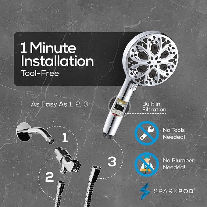 SparkPod Filtered 10-Mode Handheld Shower Head, 5" Polished Chrome Finish | Filters Chlorine & Heavy Metals, Power Jet Spray, ABS Body Won't Rust, 6 ft. Stainless Hose