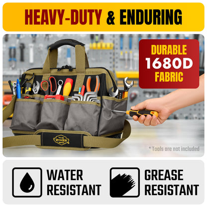 The Ryker Bag 16-inch Large Heavy Duty Wide Mouth Tool-Bag Organizer with Maximum Storage, Portable Utility Bag for Tools, Gift for Dads, Contractors, Mechanics, Technicians, Handyman & Welders