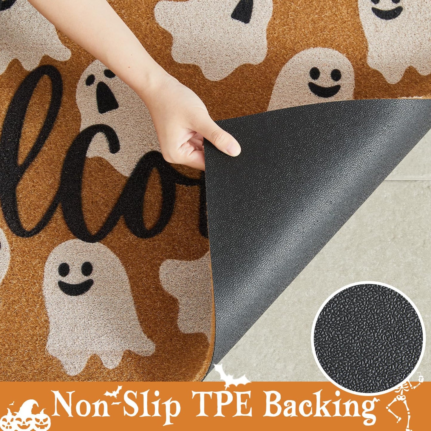 TYUU Halloween Door Mat Spooky Ghost Welcome Mat for Front Door Outdoor Entrance Doormat Coir Dirt Trapper with Non Slip Backing, 17x30, Welcome Ghost