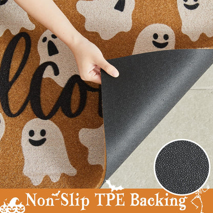 TYUU Halloween Door Mat Spooky Ghost Welcome Mat for Front Door Outdoor Entrance Doormat Coir Dirt Trapper with Non Slip Backing, 17x30, Welcome Ghost
