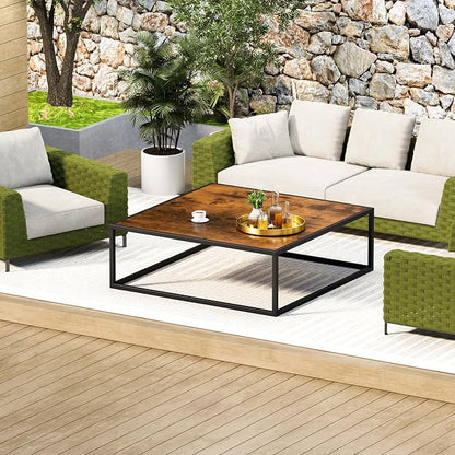 31.5" Square Coffee Table, Mid-Century Modern Brown Center Table for Living Room, Floor Table for Sitting on The Floor, Wood Cocktail Tea Contemporary Tables with Metal Frame for Office Apartment Home