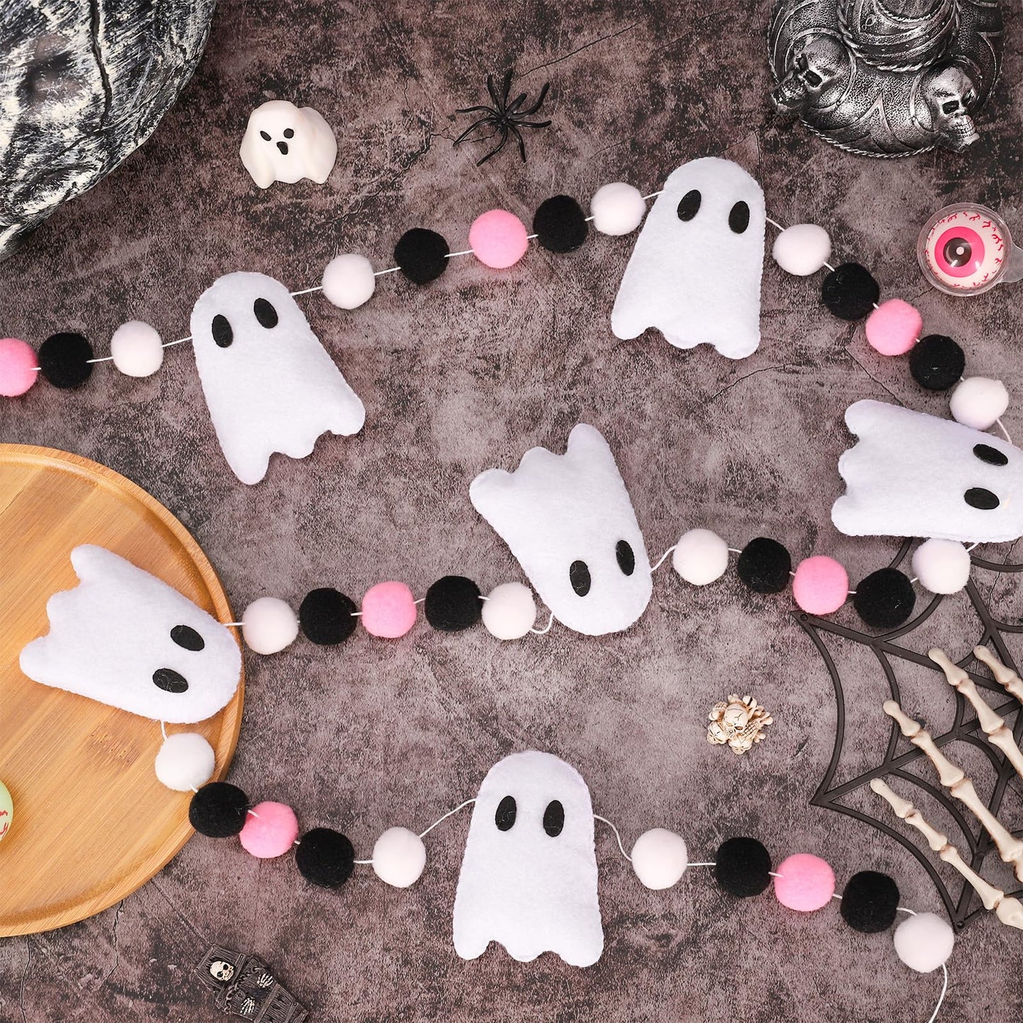 JarThenaAMCS Halloween Felt Banner White 3D Ghost Hanging Garland Black Pink White Pom Ball Banner for Trick or Treat Birthday Home Mantel Wall Window Party Supplies