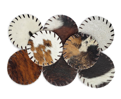Sunshine Cowhides Natural Cowhide Coaster - 4.5" Round Assorted Tones Genuine Leather Coasters for Coffee Table, & Dining Tables, Ideal Cow Print Kitchen Accessories for Home & Office - Set of 8