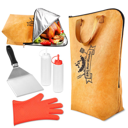 ROMANTICIST 5-in-1 Grill Accessories Set with Insulated Meat Resting Blanket & Heavy Duty Spatula – BBQ Tools Kit, 5-Layer Heat Retention, Leak-Proof for Brisket Turkey Pork Shoulder Outdoor Barbecue