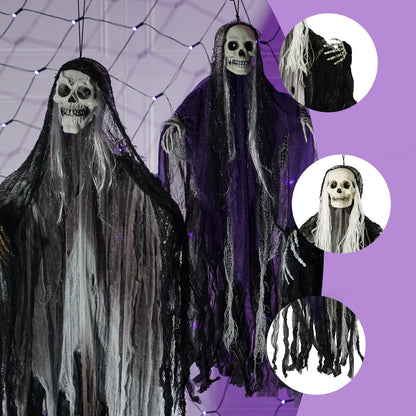 Hourleey 3 Pack Halloween Hanging Ghosts Decorations Outdoor, Scary Flying Grim Reapers Skeleton, Skull Ghost Halloween Decor for Yard Porch Frontdoor Party Haunted House Props