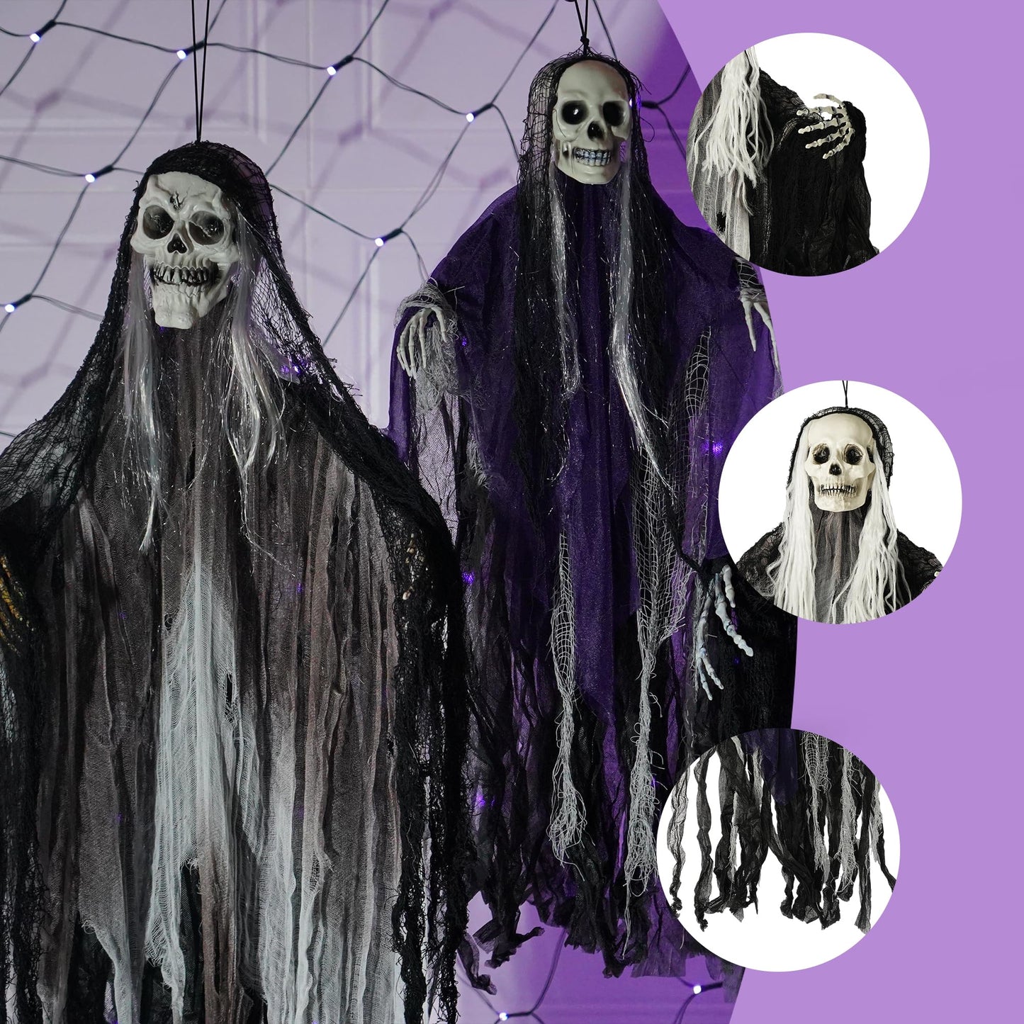 Hourleey 3 Pack Halloween Hanging Ghosts Decorations Outdoor, Scary Flying Grim Reapers Skeleton, Skull Ghost Halloween Decor for Yard Porch Frontdoor Party Haunted House Props
