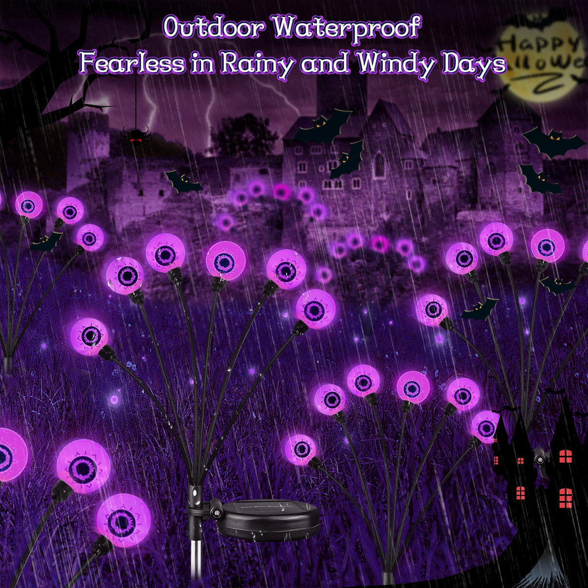 Outdoor Halloween Decorations - Swaying Solar Eyeball Lights, 2PCS 12LED Firefly Lights, 2 Mode Waterproof Path Lights for Yard, Garden, Lawn, and Party Decor (Purple)