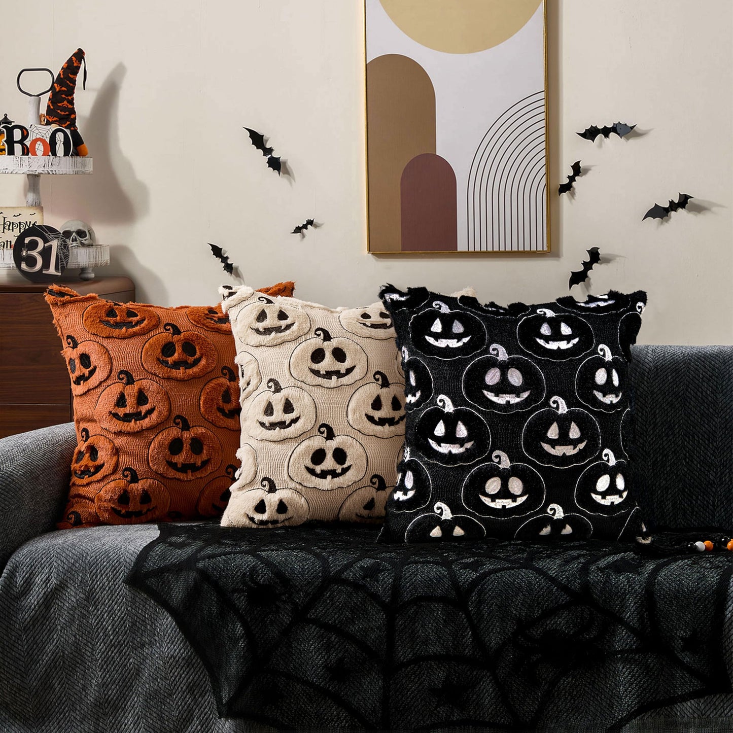 DFXSZ Halloween Pillow Covers 16x16 inch Set of 2 Black Beige Halloween Pumpkins Throw Pillow Cases Soft Plush Faux Fur Wool Couch Cushion Case for Chair Sofa Living Room Home Decor PTK057B16