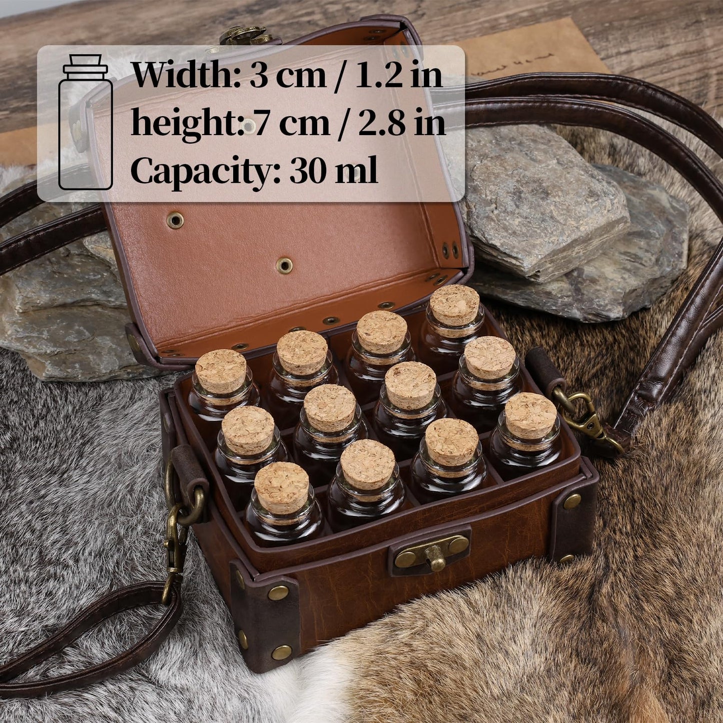 HiiFeuer Medieval Faux Leather Alchemy Box with 12 Cork Potion Vials, Fantasy Portable Crossbody Bag Jewelry Dnd Dice Holder (Brown A)