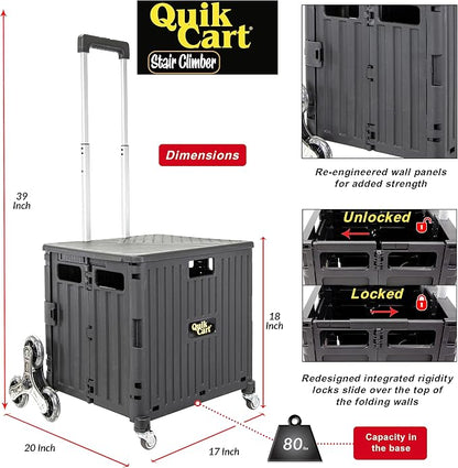 dbest Products Quik Cart Stair Climber Wheeled Rolling Crate Teacher Utility with seat Heavy Duty Collapsible Basket with Handle, 18" D x 17" W x 39" H, Black