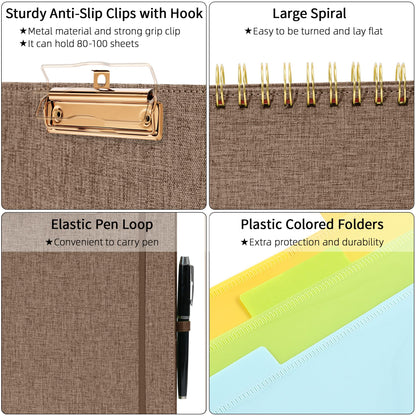 Ospelelf Brown Foldable Spiral Clipboard Folio with Storage Zipper Pouch, 5 Plastic Folders with 10 Pockets, Refillable Lined Notepad (11" x 8.5"), Linen Hardcover Project Organizer