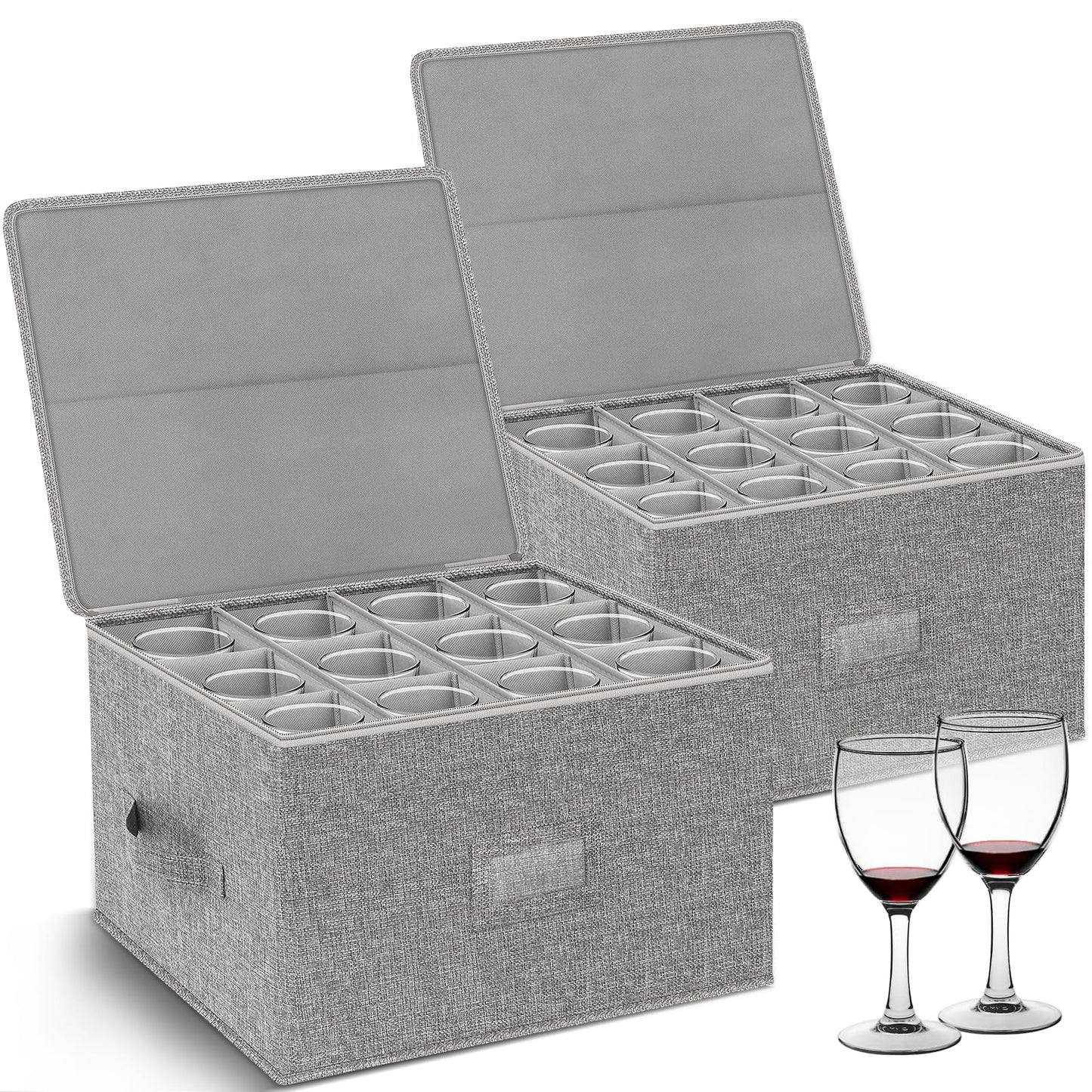 Wine Glass Storage Box with Dividers, 2-Pack Stemware Storage Containers w/Hard Shell Top Sides Bottom, Stackable Moving Boxes w/ Sturdy Handles for 24 Glassware Crystal Glasses Drinkware, 9.2'' Tall