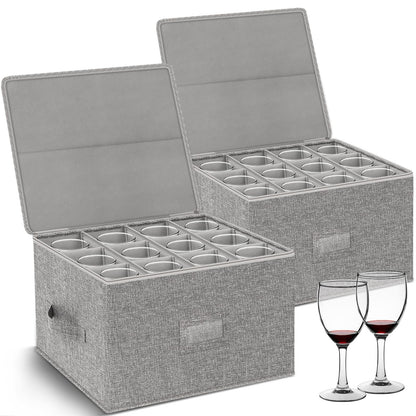 Wine Glass Storage Box with Dividers, 2-Pack Stemware Storage Containers w/Hard Shell Top Sides Bottom, Stackable Moving Boxes w/ Sturdy Handles for 24 Glassware Crystal Glasses Drinkware, 9.2'' Tall