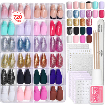 Beetles Press on Nails Kit 720Pcs 24 Colors, Press on Nails Short Almond Glossy Matte Glitter With Nail Glue & Nail Tabs Stickers, Natural Fit Lightweight Fake Nails Kit Art For Women Girls