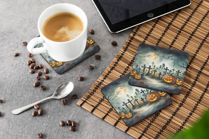 Caroline's Treasures Graveyard Spooky Halloween Foam Coaster Set of 4 Cup Coasters for Indoor and Outdoor, Coaster for Tabletop Protection, Anti Slip, Mouse pad Material