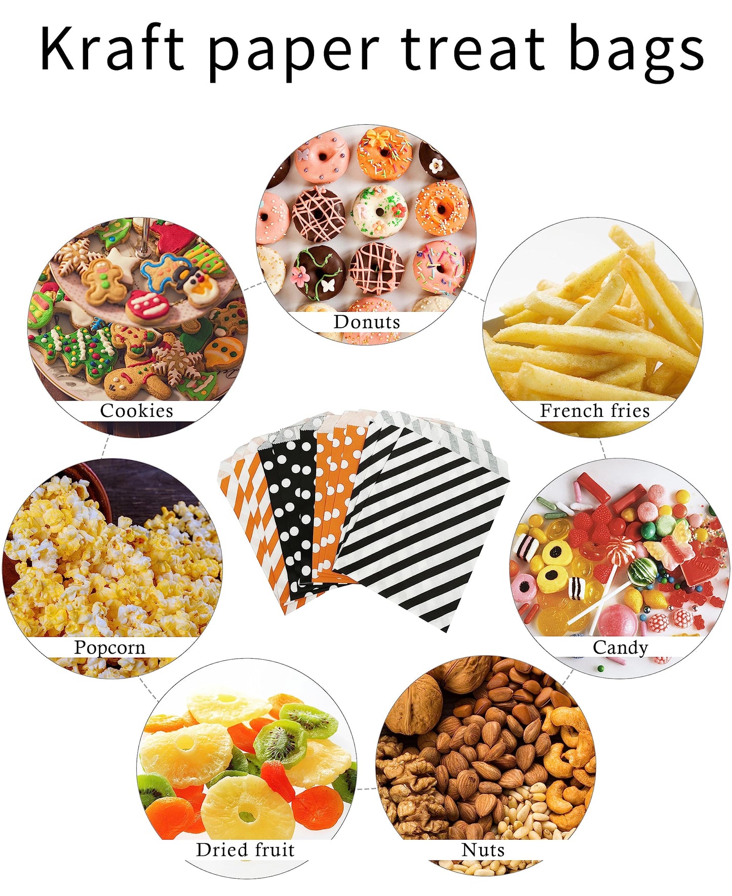 Jexila 100-Pack Halloween Treat Bags - Orange & Black Polka Dot Striped Pattern Paper Goodie Bags for Kids Trick or Treat Party Favors