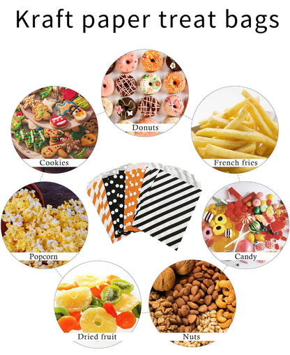 Jexila 100-Pack Halloween Treat Bags - Orange & Black Polka Dot Striped Pattern Paper Goodie Bags for Kids Trick or Treat Party Favors