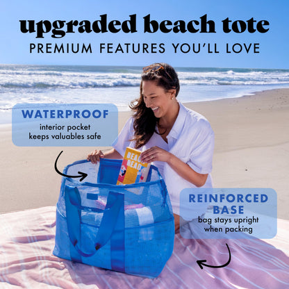 Fit & Fresh The Shore Thing™ Marine Grade Mesh Beach Bag with Pockets - Waterproof Sandproof Tote Bag, Lightweight Foldable Tote Bag, XL Travel Bag, Beach Vacation Essentials, Marina Blue
