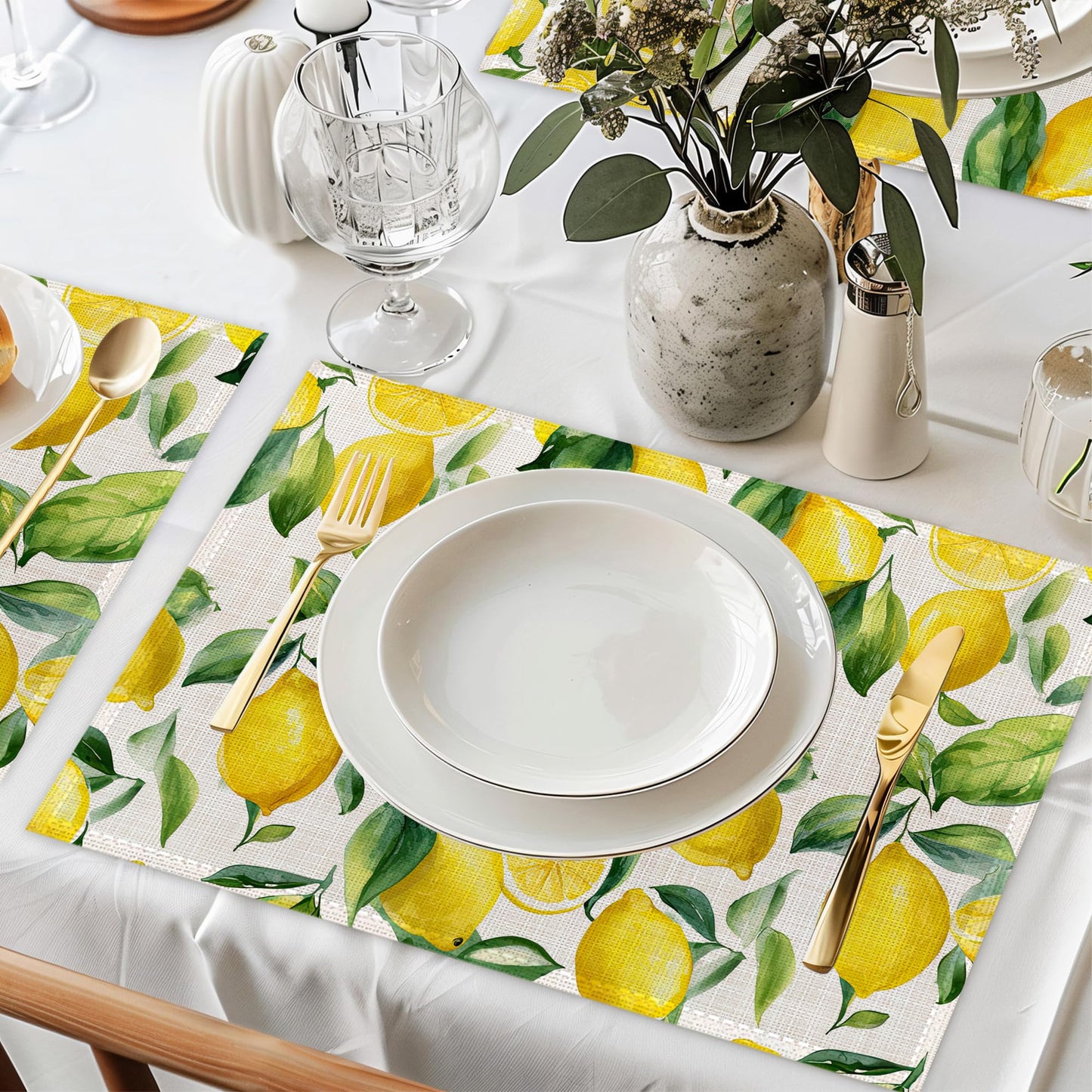 Lemon Placemat Set of 6,Heat Resistant Linen Table Mats for Indoor Outdoor Home Kitchen Dining Room Table 12x18Inch