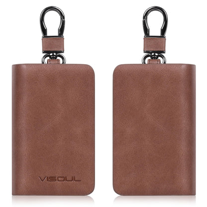 VISOUL Car Key Case Holder Double Zipper, Leather Car Smart Key Fob Case with Keychain for Men and Women-Brown