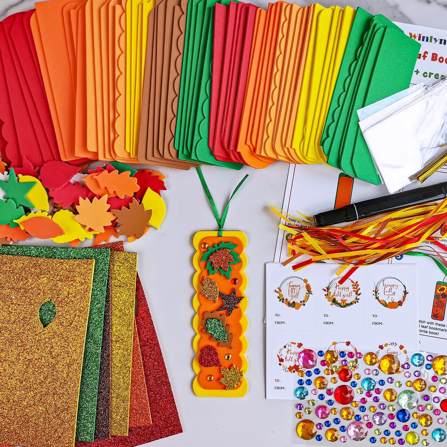 Winlyn 36 Sets Fall Craft Kits Autumn Crafts DIY Leaf Bookmarks Decorations Art Sets Maple Leaf Glitter Foam Stickers Arts and Crafts for Kids Thanksgiving Halloween Classroom Activities