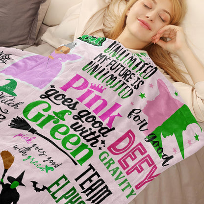 50'' x 40'' Elphaba Hat Glinda Witch Pink Flannel Blanket, Magic Movie Land Blanket, Evil Gift Queen Throw Broom, All Seasons Warm Cozy Soft Blanket for Sofa Chair Bed Halloween Women Fans 3