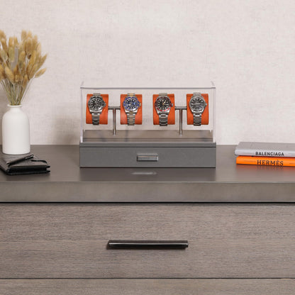 ROTHWELL Luxury Watch Display Case for 4 Watches – Leather Watch Box with Acrylic Cover and Removable Slide in Cushions – Accessory Drawer with Multiple Configurations (Grey/Orange)