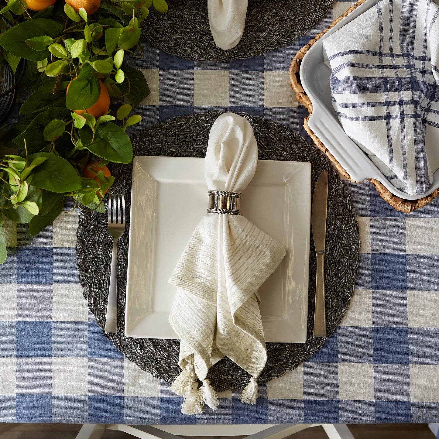 DII Buffalo Check Collection, Classic Farmhouse Tablecloth, 52 x 52, Stonewash Blue