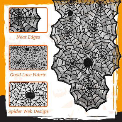 DTOFOOT 4 Pack Halloween Table Runner, 18 x 72 Inch Black Lace Spider Web Table Runner for Halloween Decorations Gothic Cobweb Tablecloth for Dining Table Fireplace Mantel Party Decor