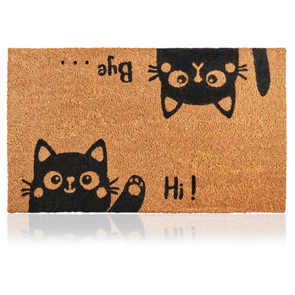 Hi-Bye Cat - 17"x29" - Coir Door Mat with Heavy Duty Backing - Welcome Mats for Entryway, Porch - Anti-Slip PVC & Coconut Fiber Surface - Natural Home Accessories, Minimalist Original Design