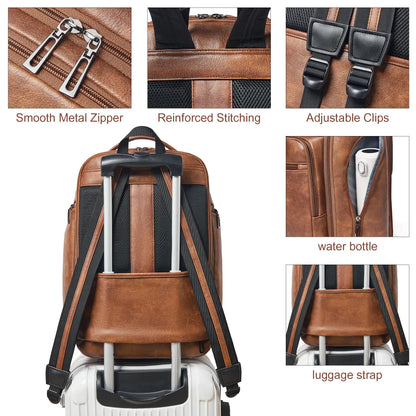 tiamyi Vegan Leather Backpack, 40L Expandable, TSA Travel Backpack for Men and Women, Fits 17.0 Inch Notebook with Luggage Strap and USB Port, Brown
