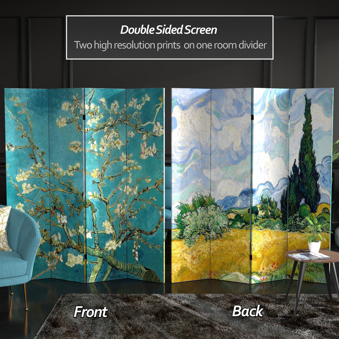 Red Lantern Double Sided Works of Van Gogh Canvas Folding Screen - Almond Blossoms/Wheat Field, 6 ft Tall - 4 Panel