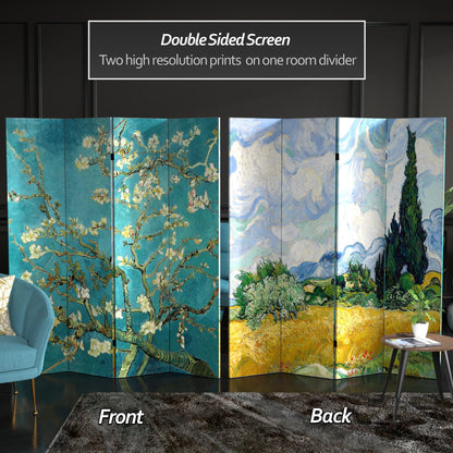 Red Lantern Double Sided Works of Van Gogh Canvas Folding Screen - Almond Blossoms/Wheat Field, 6 ft Tall - 4 Panel