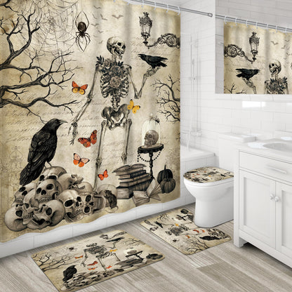 LGhtyro Skull Gothic Shower Curtain Sets，Spooky Scary Skeleton Spider 4PC with Rugs, Toilet Lid Cover and Bath Mat, Goth Halloween Bath Accessories Art Home Decor Fabric 12 Pack Hooks 71Wx71H Inches